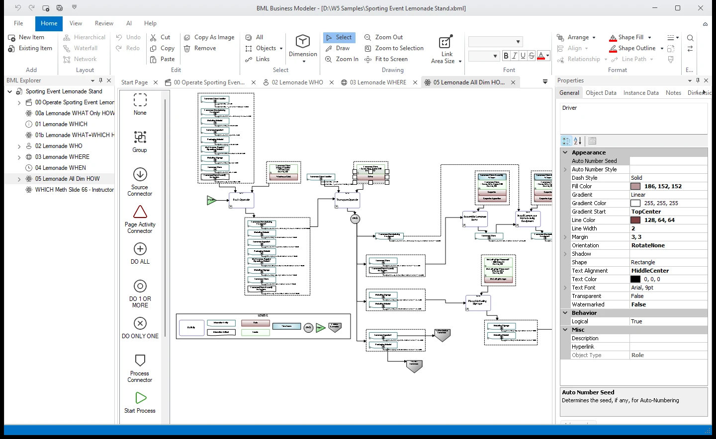 W5 Modeler 8 with a model open in its all-dimensions process view, its dimensions listed in the explorer