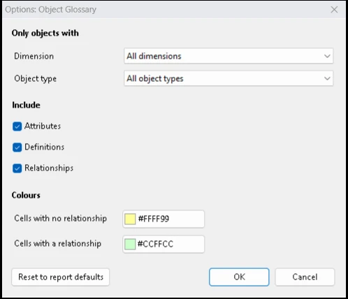 A report's Options, chosen from the model: dimension, object types and colours